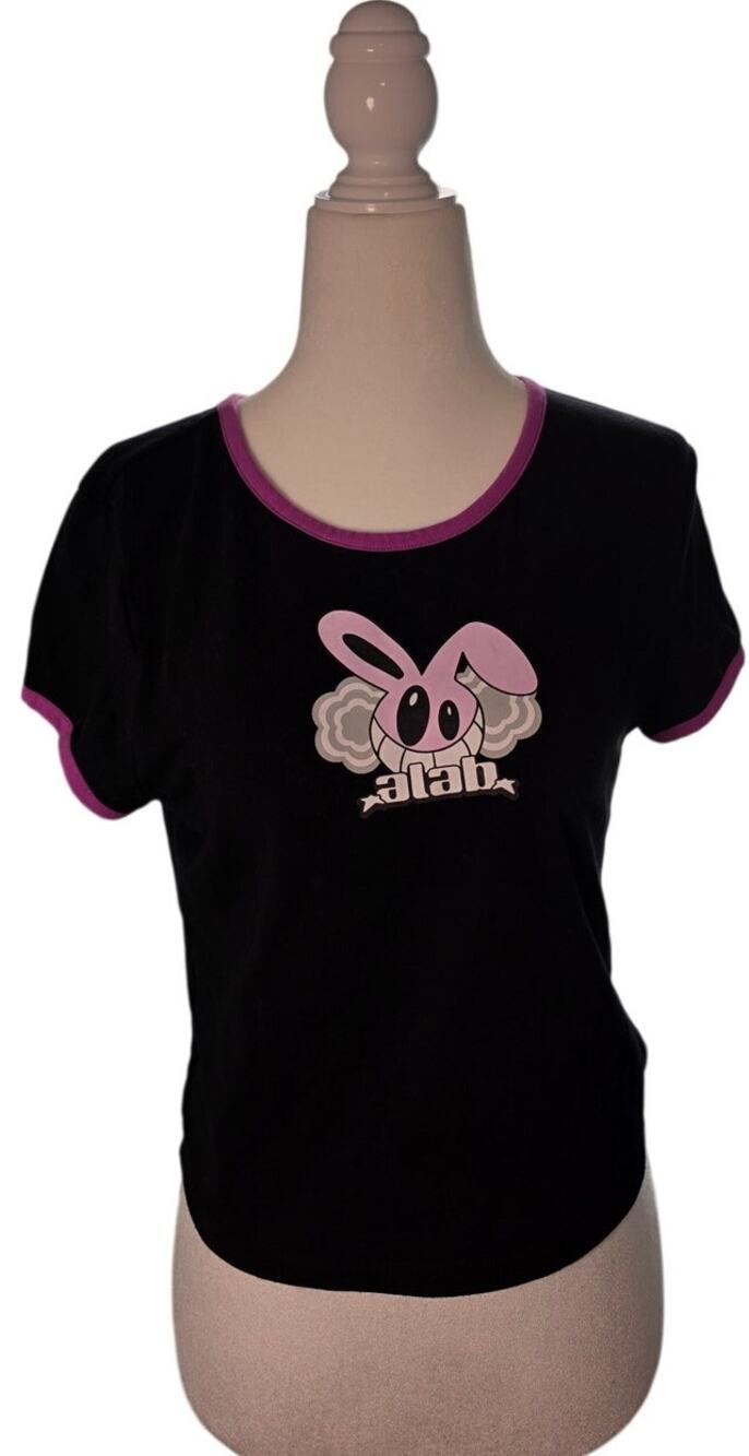 ALAB Bunny Ringer T Shirt Womens Large Black Pink Y2K Scene Alt Graphic Tee